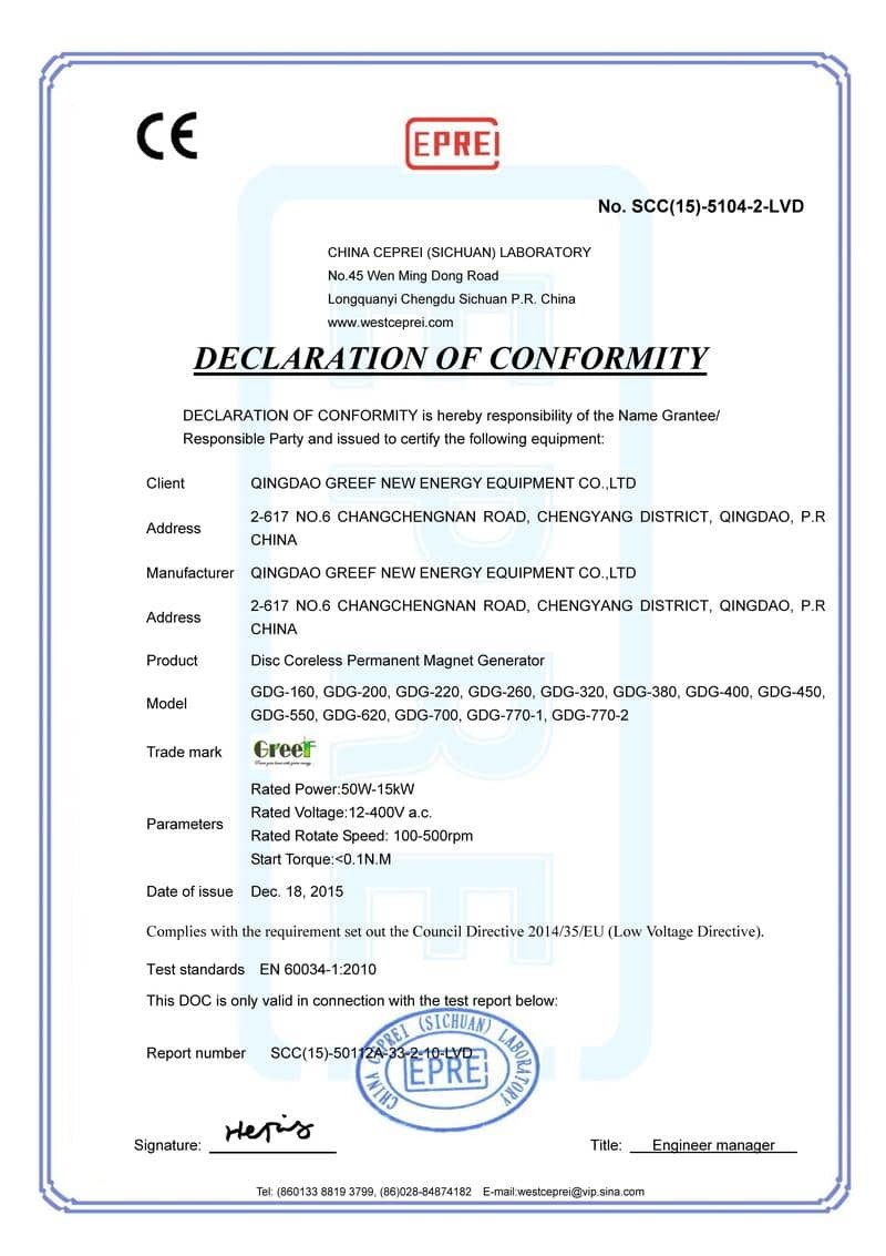 Chiny Qingdao Greef New Energy Equipment Co., Ltd Certyfikaty
